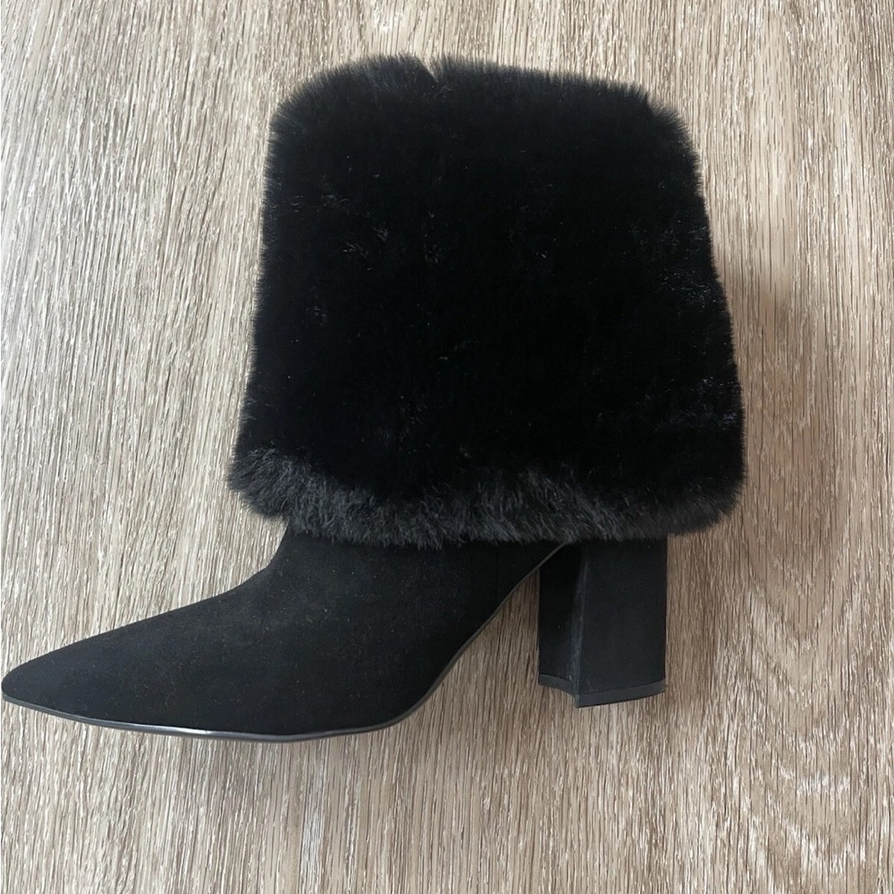 Nine West Black Faux Fur Cuff Pointed Toe Block Heel Ankle Boots - Picture 2 of 10